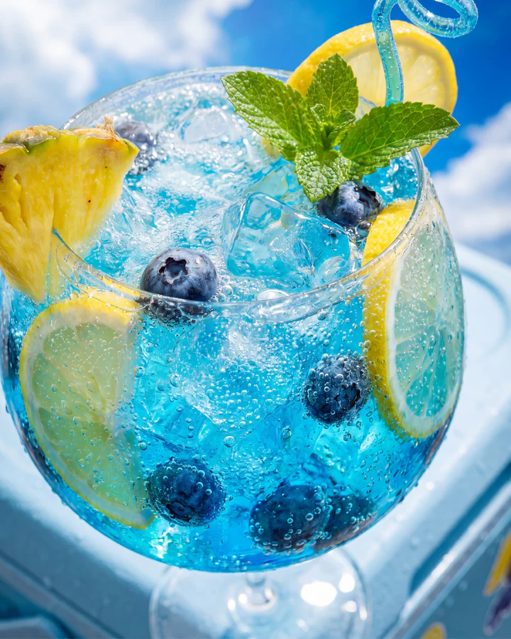 Blueberry-citrus drink with crushed ice, mint and pineapple is staged on a bright beach set.