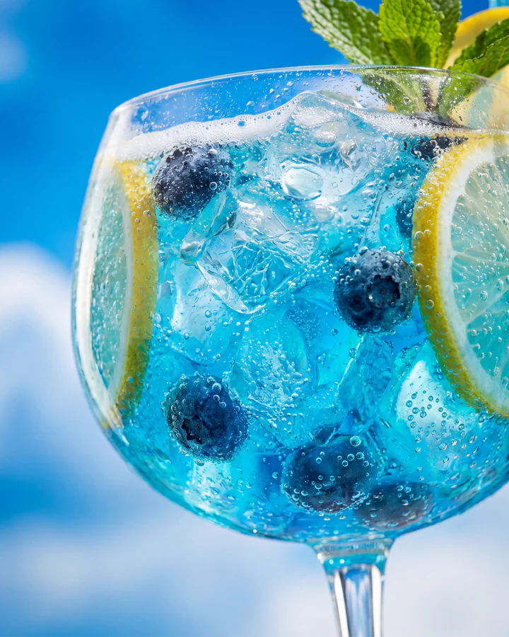 Clear goblet of electric-blue lemonade holds blueberries, lemon and mint against a clean sky-blue background.