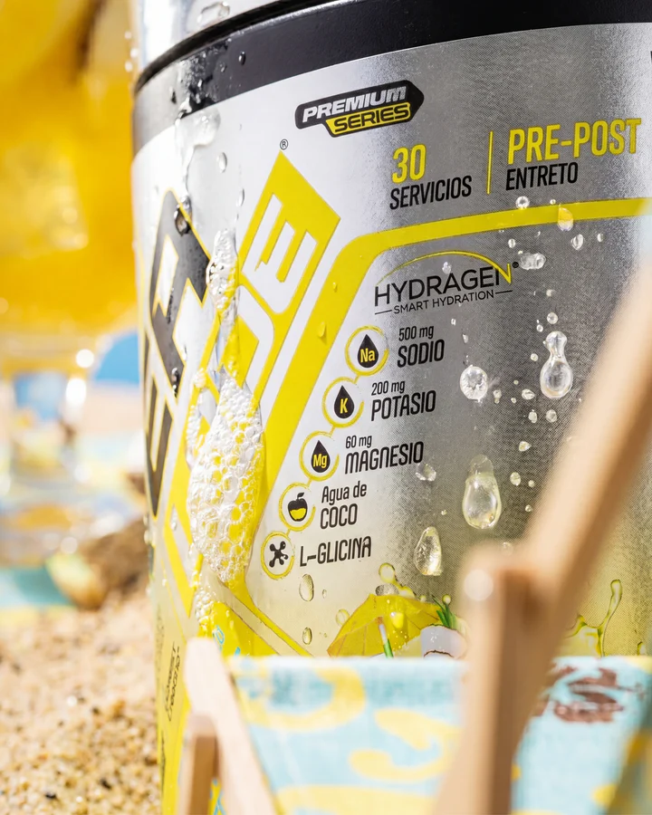 Close label view of yellow Forzagen CREA LADE shows the Hydragen electrolyte panel and water droplets.