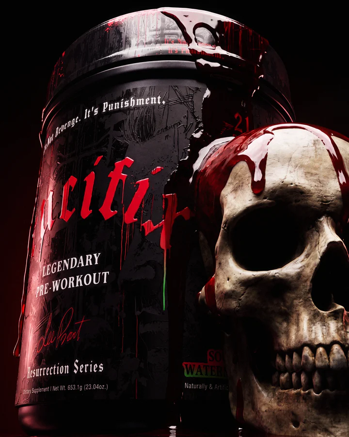 Crucifix pre-workout tub stands beside a weathered skull beneath hard red edge light.