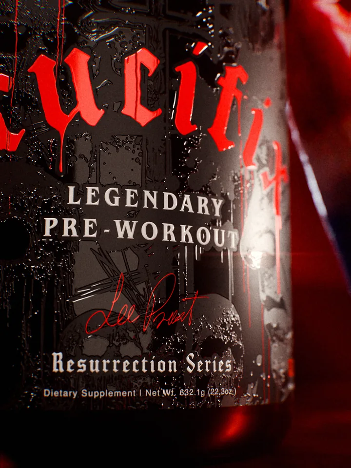 Macro of the Crucifix Legendary Pre-Workout label with the Lee Priest signature and Resurrection Series line.