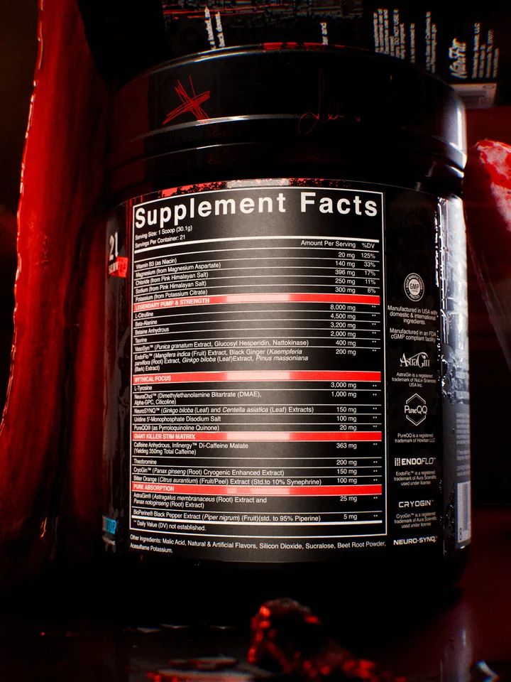 Macro of the Supplement Facts panel on the Crucifix tub in red light.