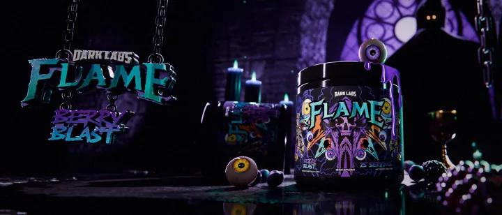 Wide banner of the crypt with a hanging sign on the left reading Dark Labs, FLAME and Berry Blast on iron chains, and the FLAME tub on the right.