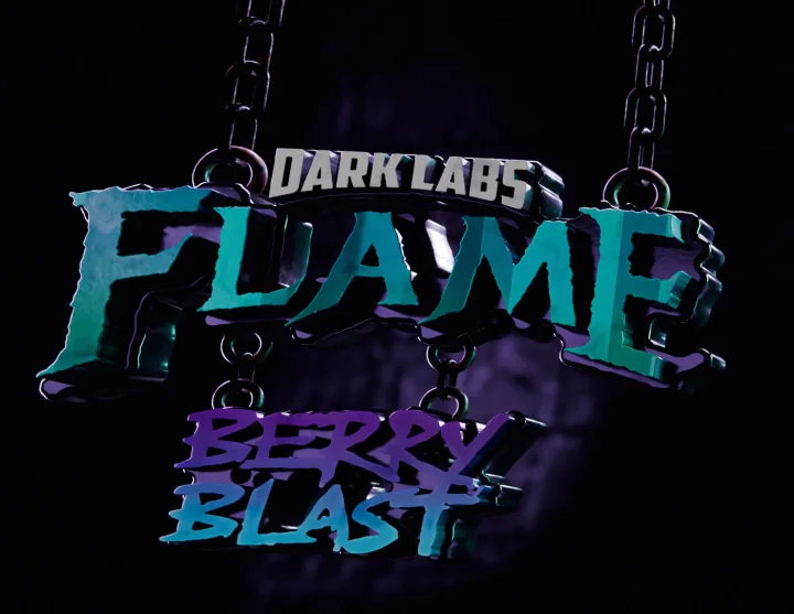 Close view of the hanging sign: Dark Labs in white, FLAME in teal and Berry Blast in purple as raised glossy letters on black plates.