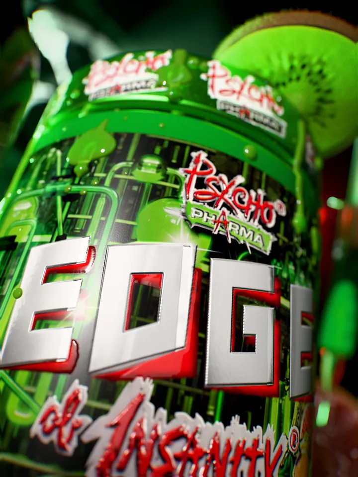 Macro of the Edge of Insanity label with green toxic drips on the lid and a kiwi slice hanging over its edge.