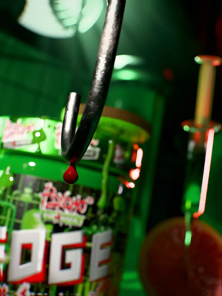Macro of a steel hook with a drop of blood hanging from its tip, the tub and the syringe out of focus behind.