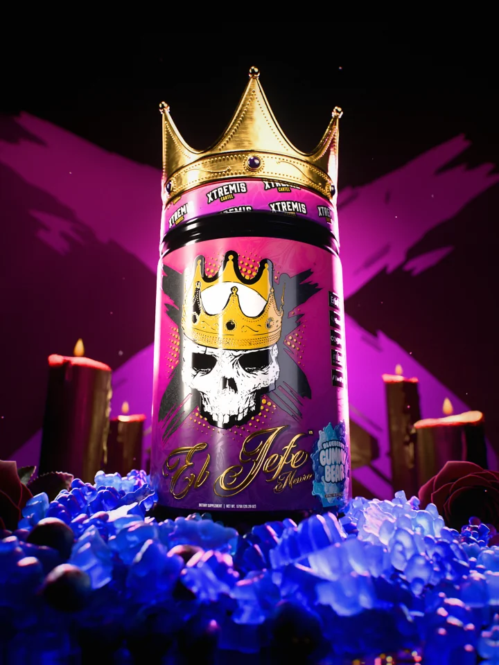 El Jefe Neuro pre-workout tub wearing a gold crown in a spill of blue gummy bears, black candles and dark roses around it and a pink X glowing in the wall behind.