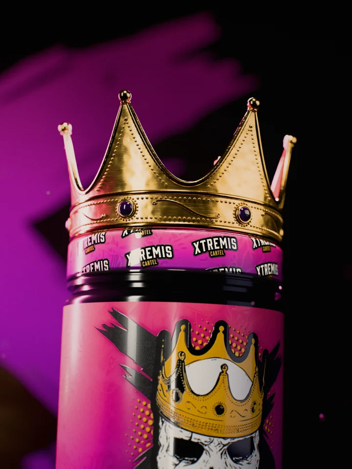 Macro of a gold crown sitting on the lid of the El Jefe Neuro tub with pink light out of focus behind.