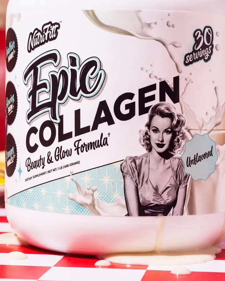 Close product view of NutriFitt Epic Collagen Unflavored with cream pouring across the tub above a red-and-white diner table.