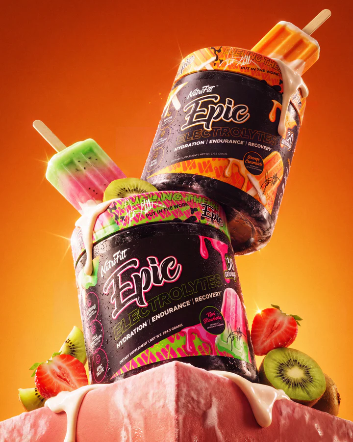 Orange and pink-green Epic Electrolytes tubs stack above fruit and glossy frozen pops on a saturated orange background.