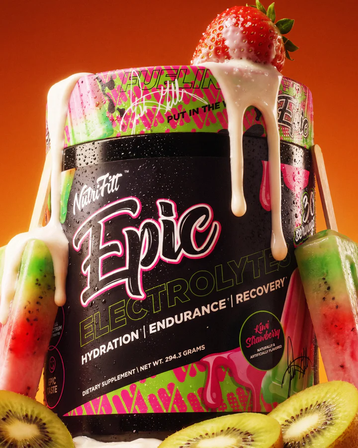 Pink-green Epic Electrolytes tub stands among strawberry, kiwi and frozen pops as pale cream drips over the lid.
