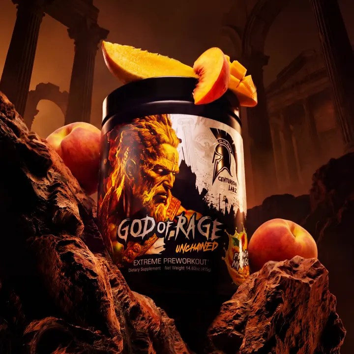 God of Rage Unchained Peach Mango pre-workout tub with peach and mango slices among scorched classical ruins.