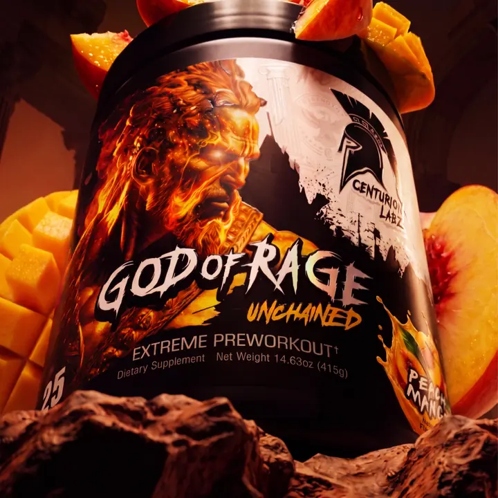 Close-up of the God of Rage Peach Mango tub surrounded by peach and mango slices, with the fiery warrior label in focus.