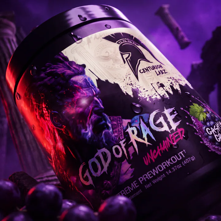 Angled close-up of the God of Rage Gashing Grape tub with suspended grapes, purple light and classical ruins.