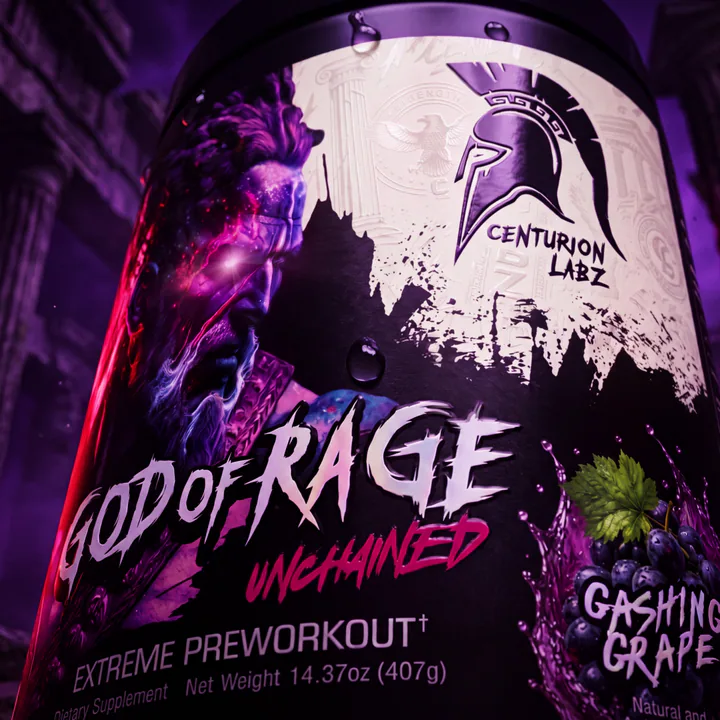 Extreme label macro of God of Rage Gashing Grape with water droplets and saturated violet light.