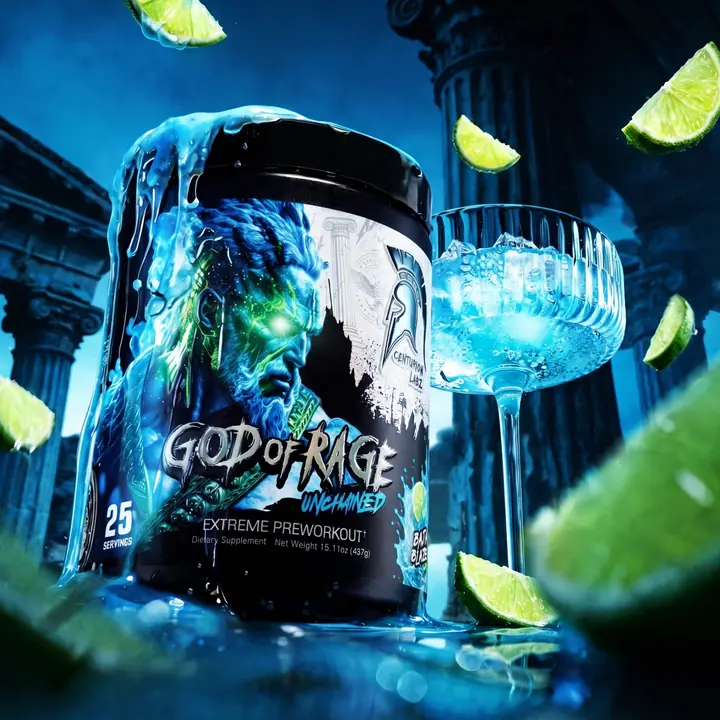 God of Rage Unchained Baja Blaze tub with icy blue liquid, glass, airborne limes and classical ruins.