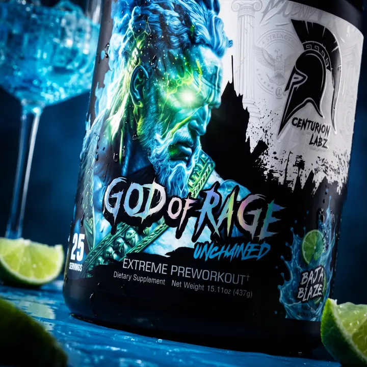 Wet label close-up of the God of Rage Baja Blaze tub with a luminous mythic face, icy glass and lime accents.