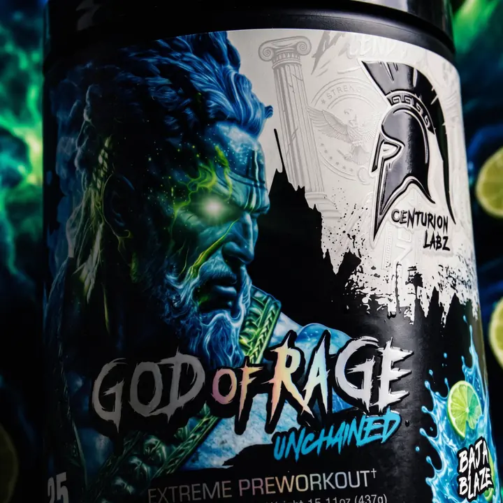 Extreme close-up of the God of Rage Baja Blaze tub lit in electric blue and green with lime slices and a glowing warrior label.