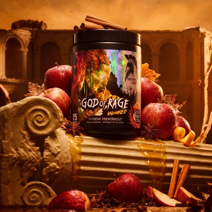 God of Rage Unchained Spiced Apple Cider tub centered on carved Roman ruins with wet red apples, cinnamon, star anise and amber cider.