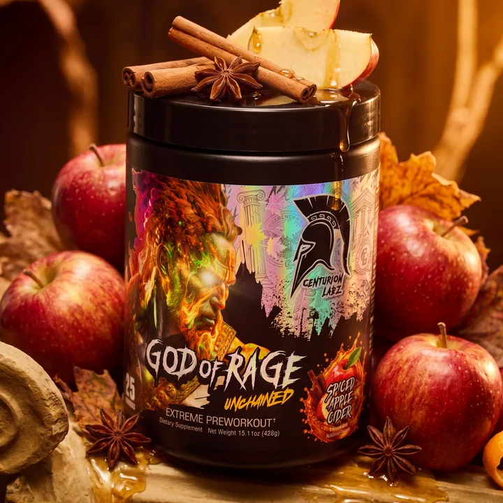 Three-quarter God of Rage Spiced Apple Cider product hero with apples, spices and amber cider running over a Roman stone pedestal.