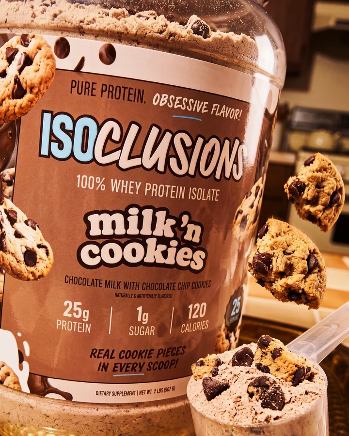 ISOCLUSIONS Close-up of the Milk 'n Cookies label beside cookies and a cookie-filled protein scoop.