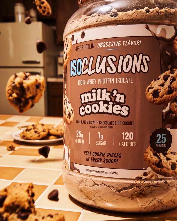 ISOCLUSIONS Milk 'n Cookies product tub on a kitchen counter with suspended chocolate chips.