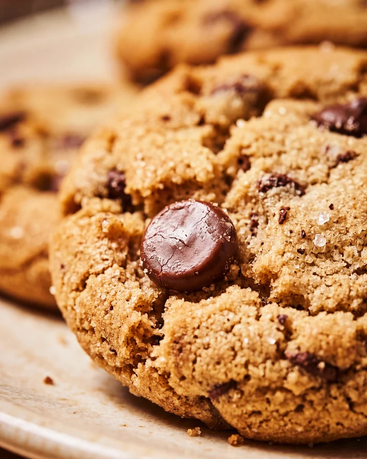ISOCLUSIONS Macro view of a golden cookie and glossy chocolate chips.