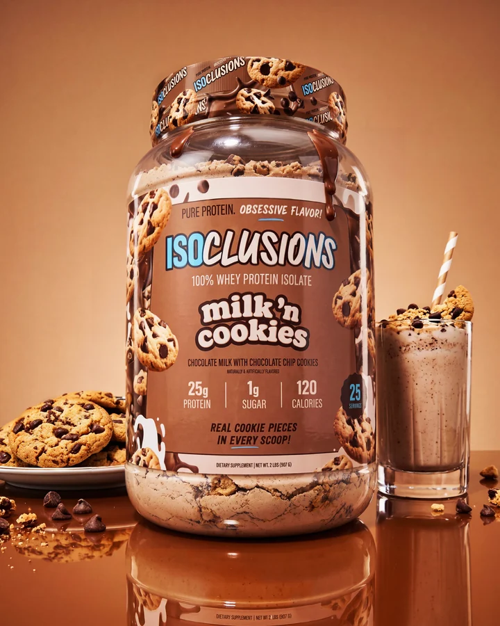 ISOCLUSIONS Milk 'n Cookies product hero on a reflective brown set with cookies and a chocolate shake.