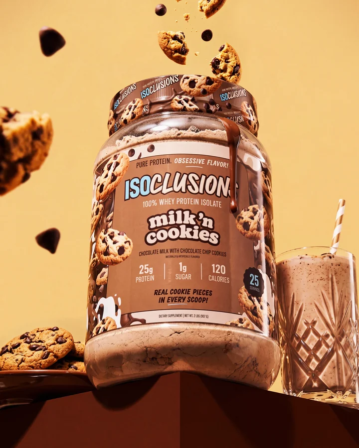 ISOCLUSIONS Low-angle Milk 'n Cookies tub with floating cookie pieces against a golden background.