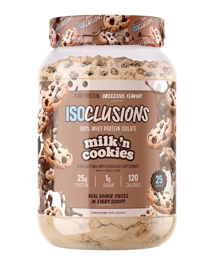 ISOCLUSIONS Milk 'n Cookies whey protein isolate packshot on white.