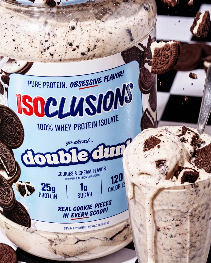 ISOCLUSIONS Double Dunk label close-up beside a cookie-filled protein scoop.
