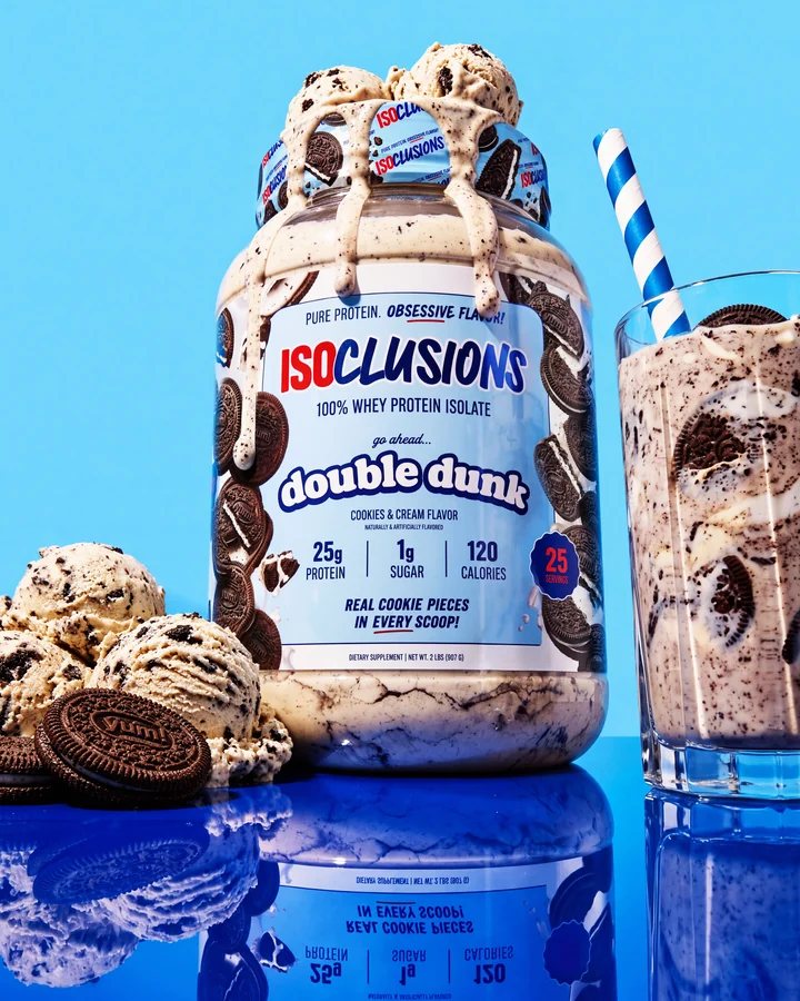 ISOCLUSIONS Double Dunk product hero on a reflective blue set with cookies and a tall shake.