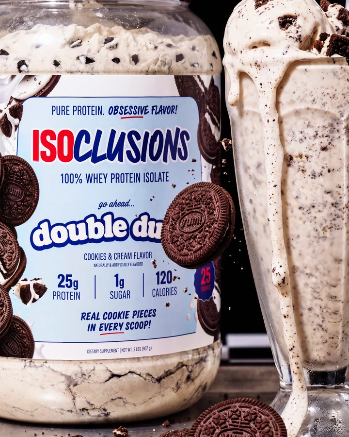 ISOCLUSIONS Close product detail of Double Dunk with cookies and a cookies-and-cream shake.