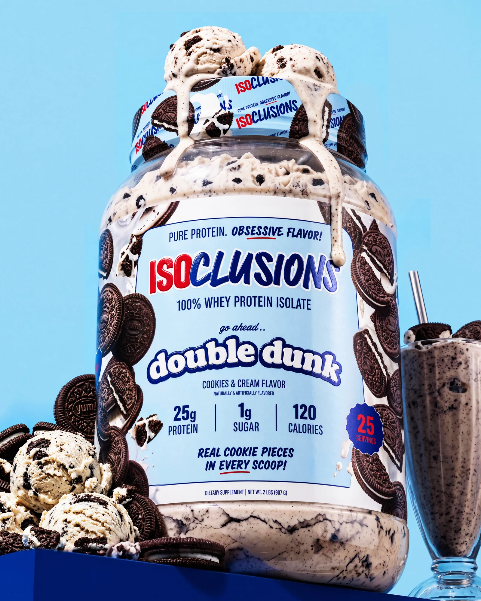 ISOCLUSIONS Low-angle Double Dunk tub against a bright blue background with cookies and ice cream.