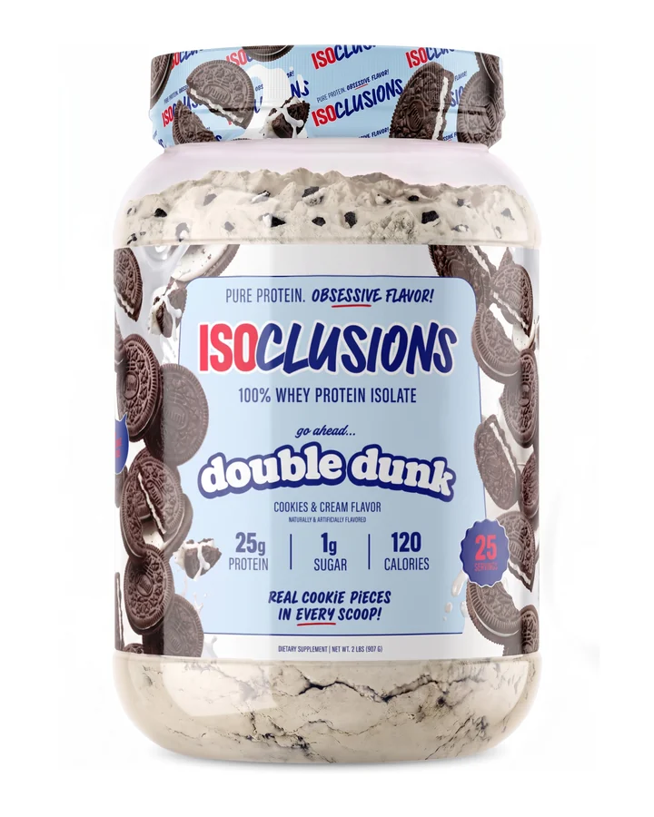 ISOCLUSIONS Double Dunk whey protein isolate packshot on white.