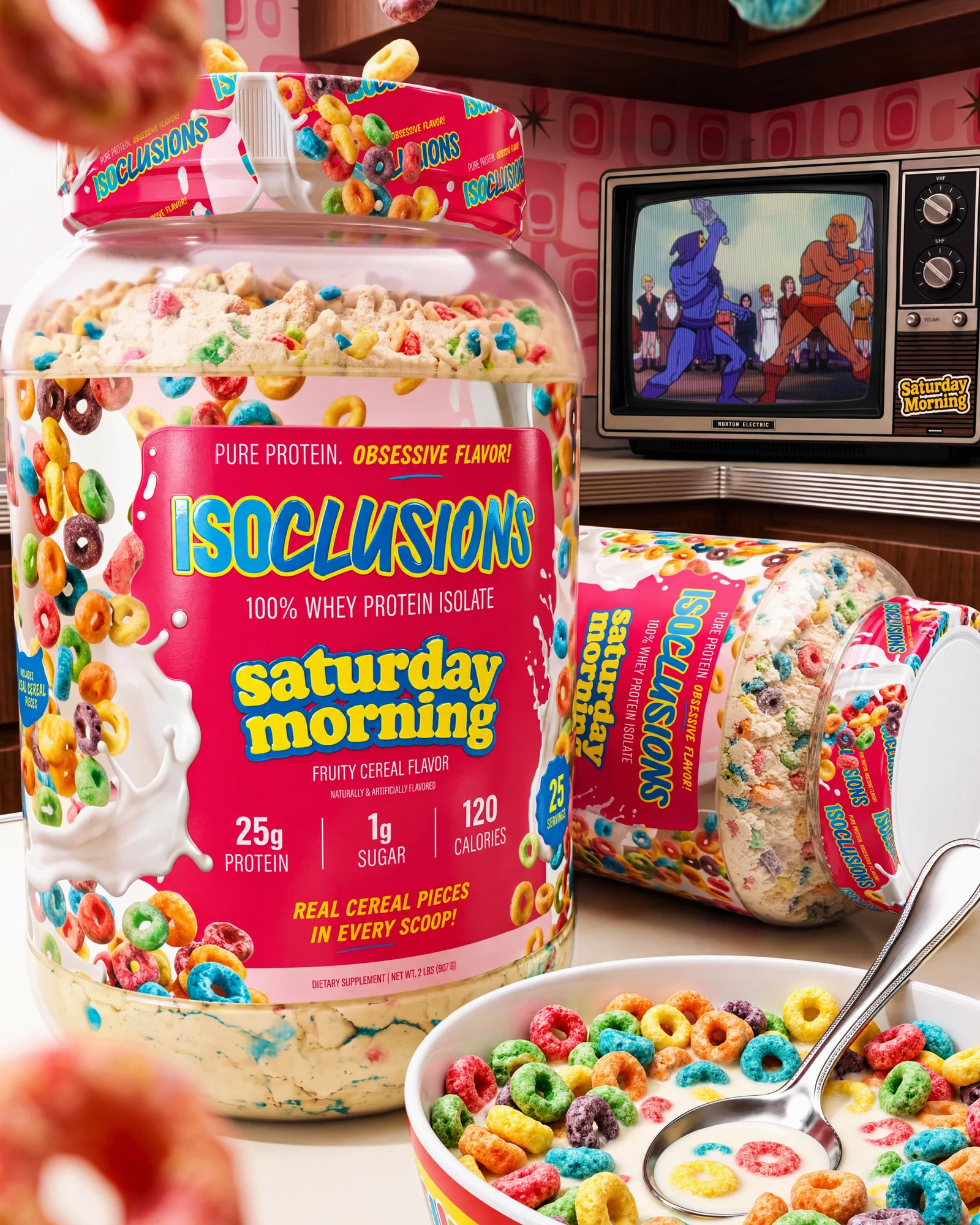 ISOCLUSIONS Saturday Morning protein tub with colorful cereal and milk in a retro kitchen beside a vintage television.