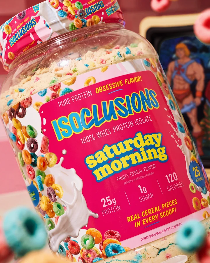 ISOCLUSIONS Tilted close-up of the bright pink Saturday Morning label framed by flying cereal.