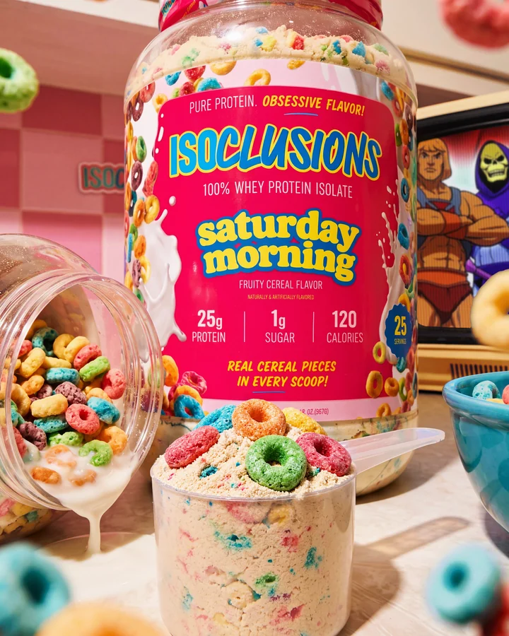 ISOCLUSIONS Saturday Morning tub beside a scoop of cereal-filled protein and a tipped jar of fruity cereal.