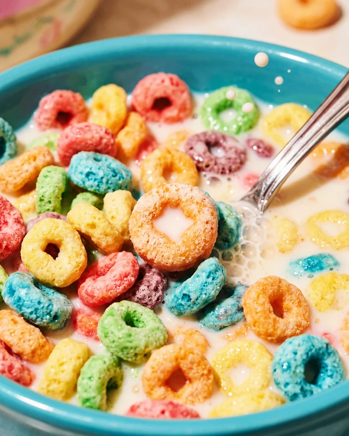ISOCLUSIONS Colorful cereal rings in milk in a turquoise bowl with a spoon.