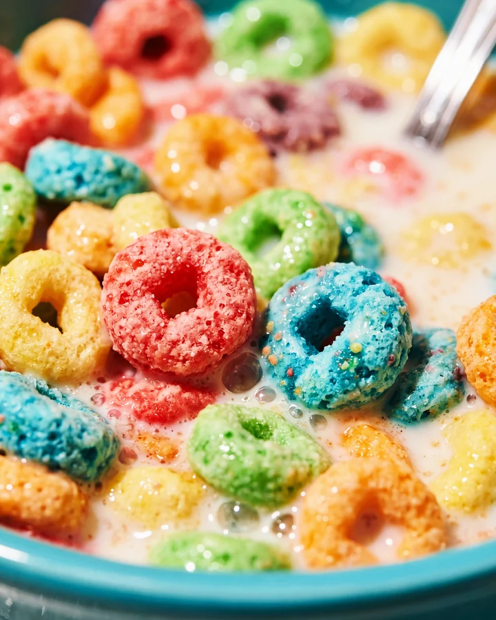 ISOCLUSIONS Macro view of colorful cereal rings, sugar texture and milk.