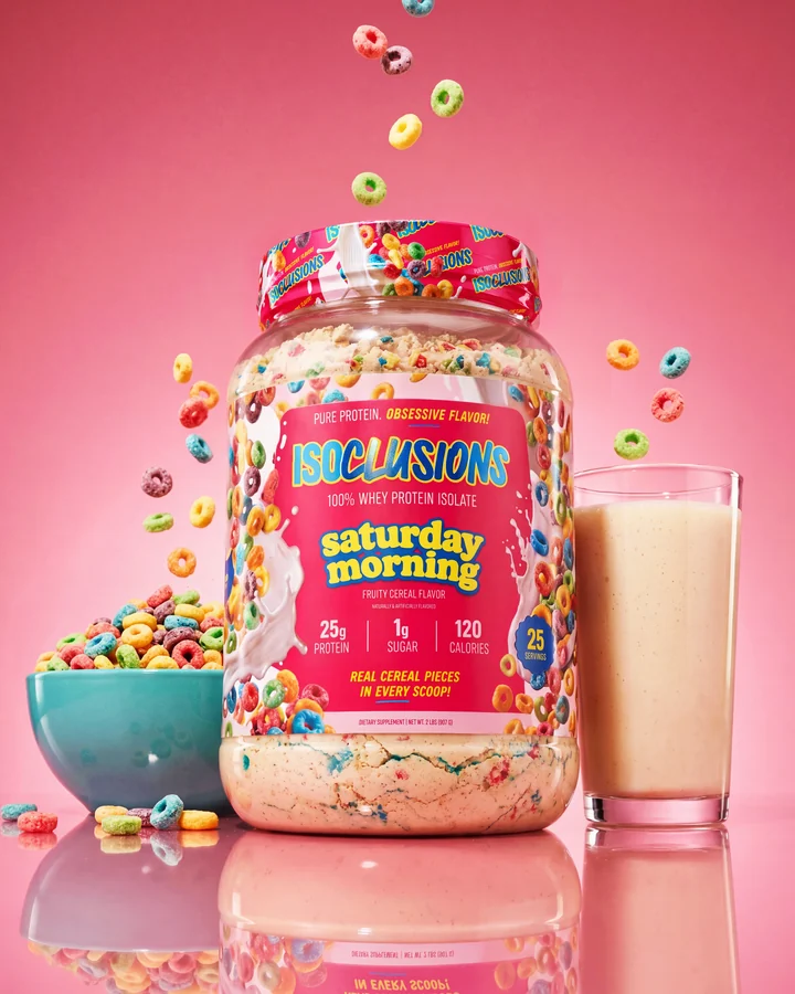 ISOCLUSIONS Saturday Morning product hero on a reflective pink set with cereal and a glass of milk.