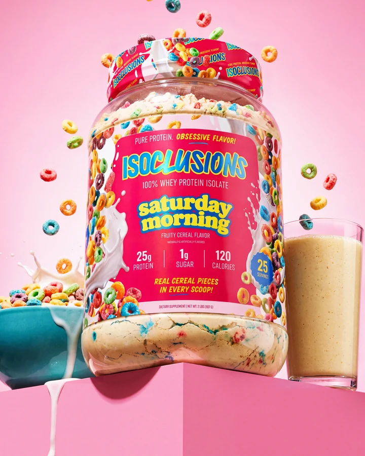 ISOCLUSIONS Low-angle Saturday Morning tub on a pink pedestal with floating cereal rings.