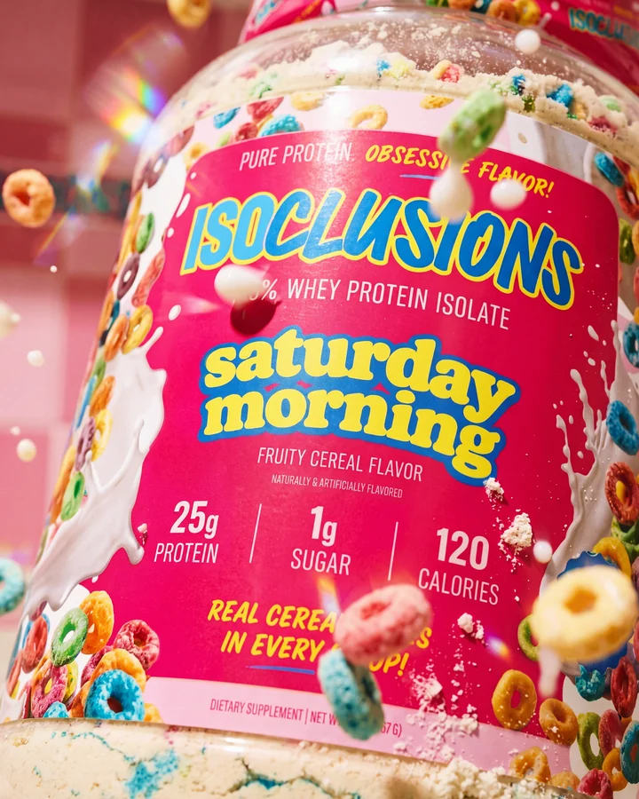 ISOCLUSIONS Close-up of the Saturday Morning label surrounded by colorful cereal.