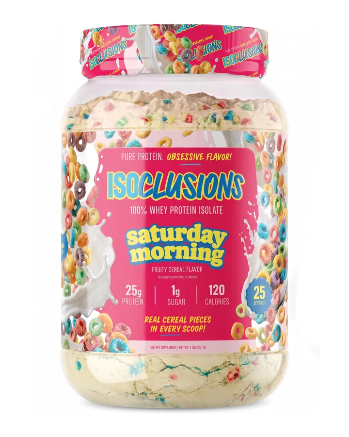 ISOCLUSIONS Saturday Morning whey protein isolate packshot on white.