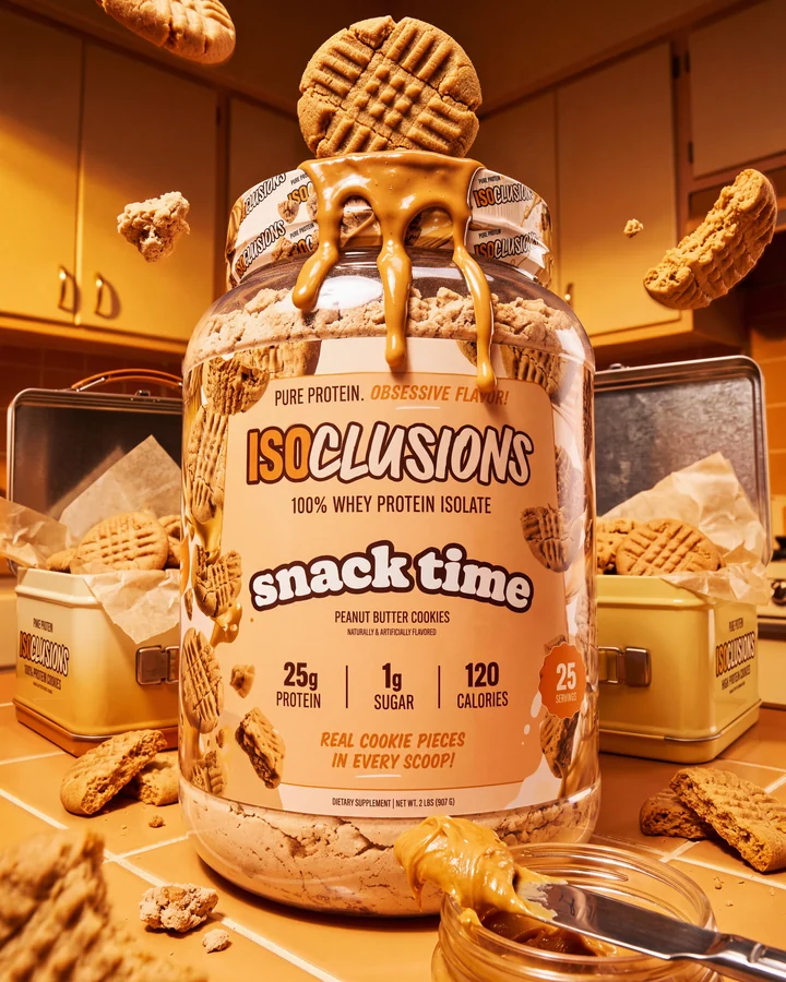ISOCLUSIONS Snack Time tub in a golden kitchen with peanut butter drips, cookies and lunch tins.