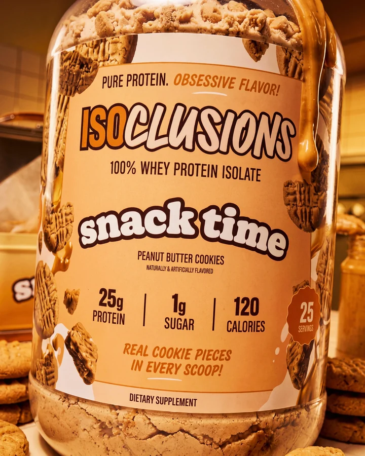 ISOCLUSIONS Close-up of the Snack Time label with thick peanut butter around the tub.