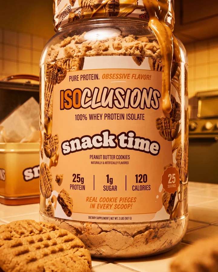 ISOCLUSIONS Snack Time product tub and cookies in warm kitchen light.