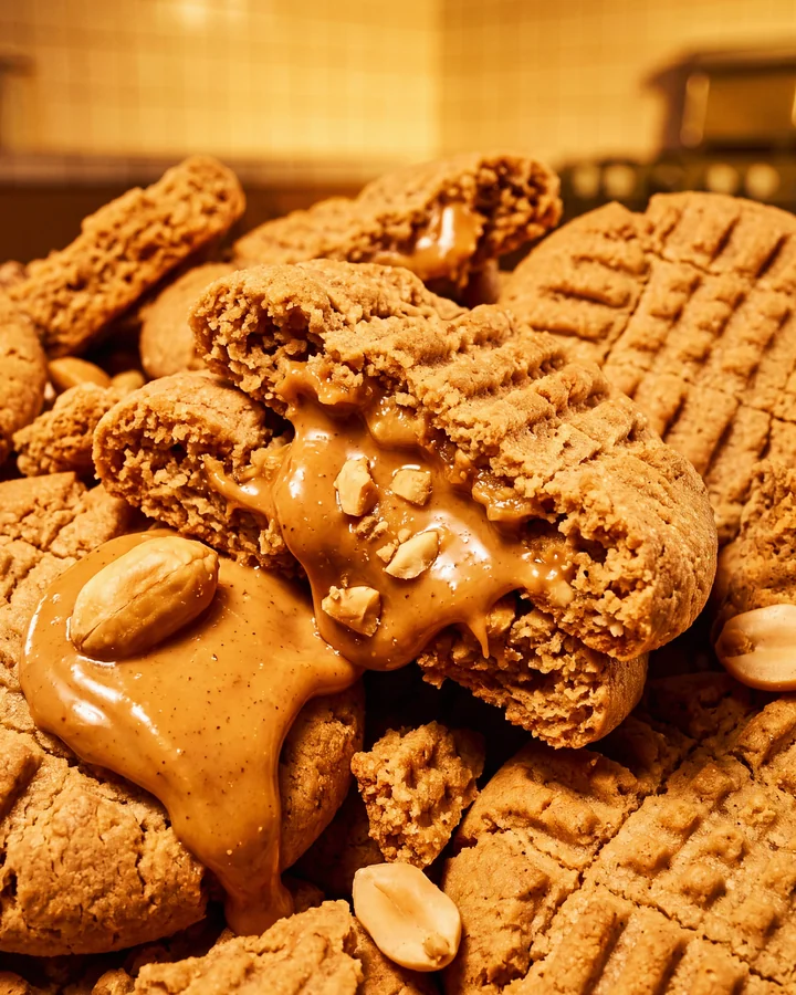 ISOCLUSIONS Macro view of crumbly peanut butter cookies and melted peanut butter.