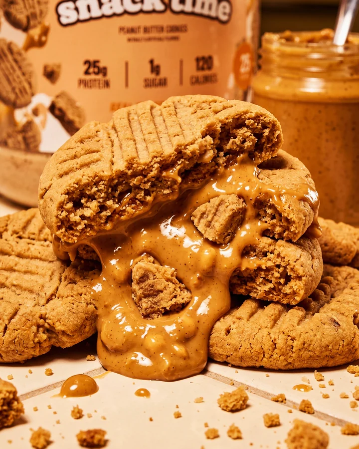 ISOCLUSIONS Stacked peanut butter cookies and crumbs in front of the Snack Time tub.