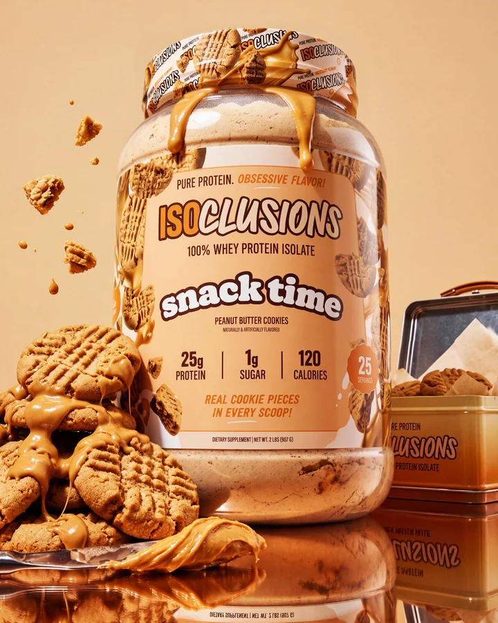 ISOCLUSIONS Snack Time product hero on a reflective golden set with cookies and a lunch tin.